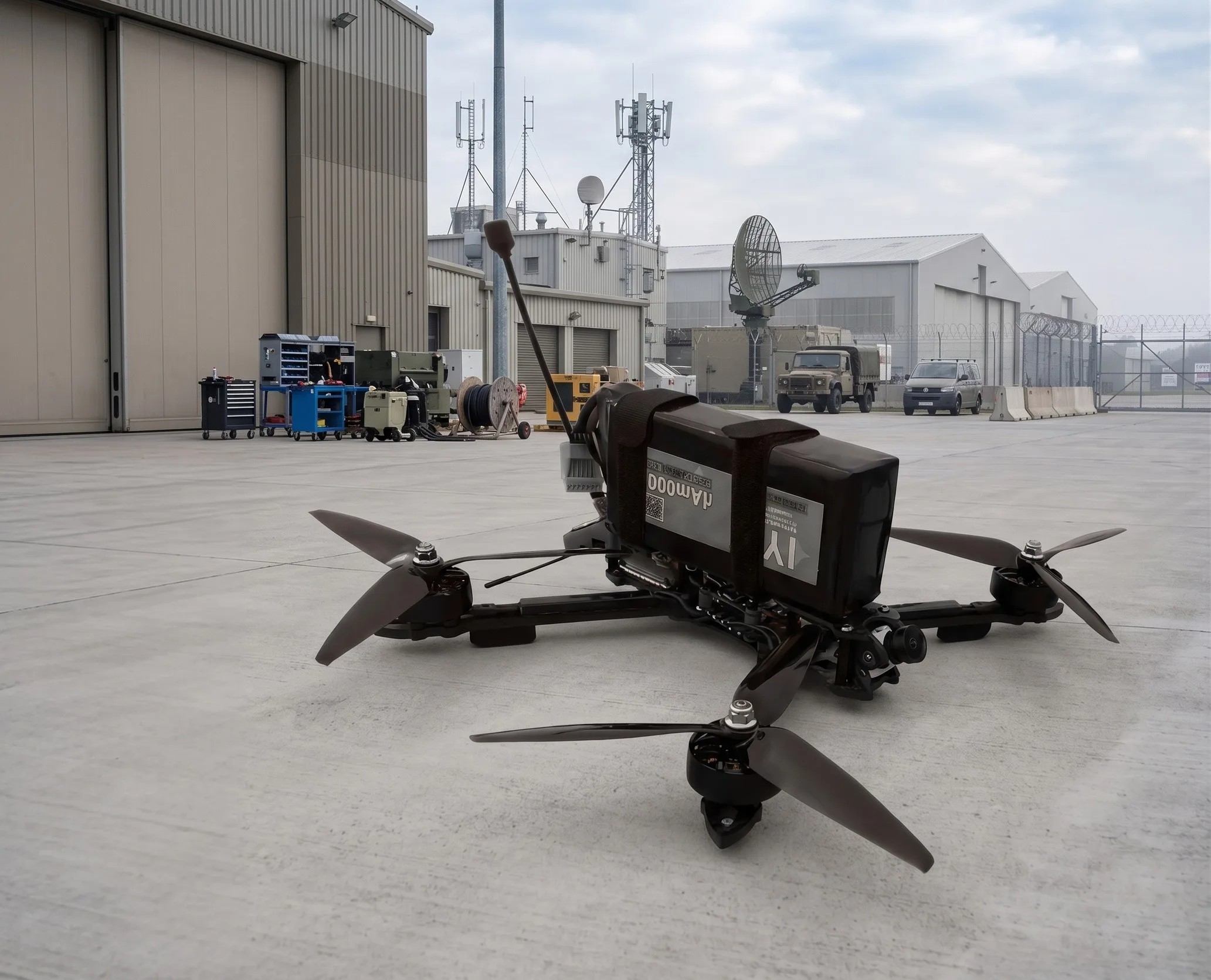 Hangar önünde yük modülüyle konumlanmış insansız hava aracı — mühendislik sistemleri